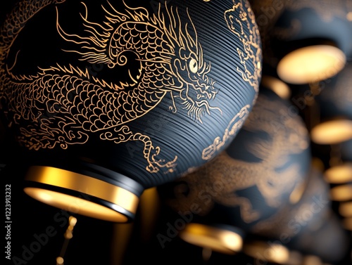 Intricate dragon designs etched onto glowing lanterns, suspended in midair, 3D illustration photo