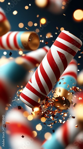 Firecrackers midexplosion, sparkling lights and festive backdrop, 3D illustration photo