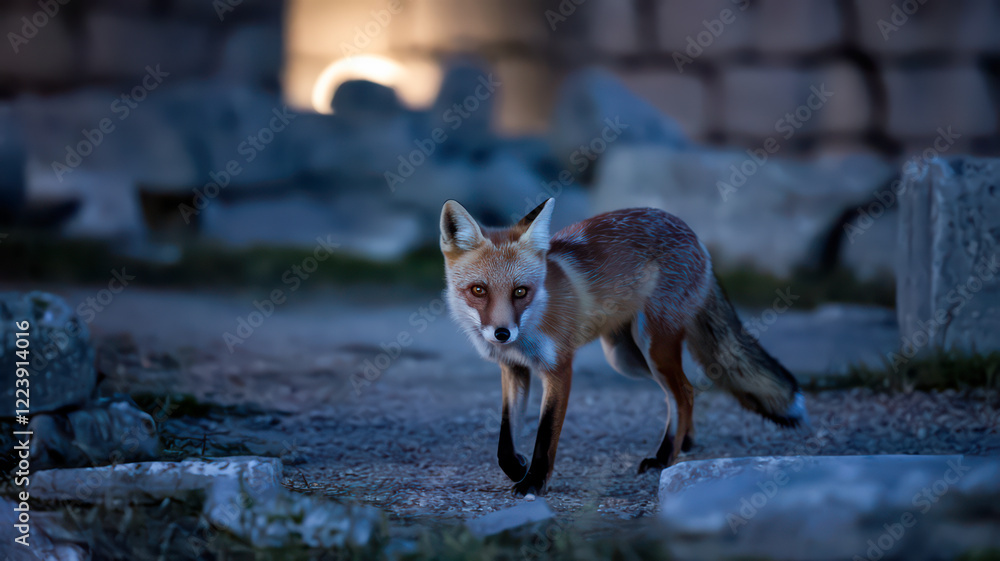 Red fox exploring urban ruins at night Red fox exploring urban ruins at night