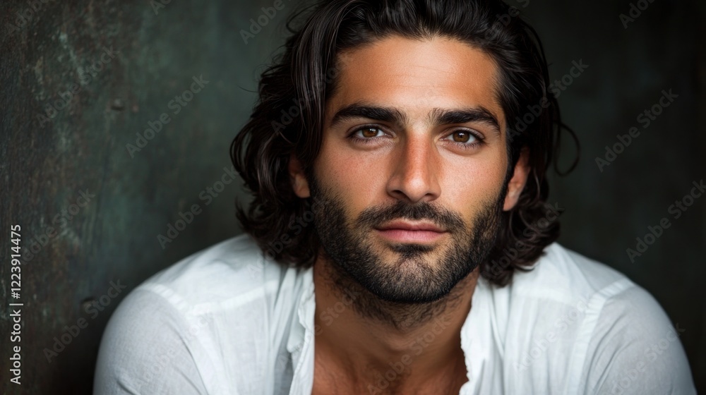 Fototapeta premium Intense Gaze: A Portrait of a Man with Dark Hair and Beard