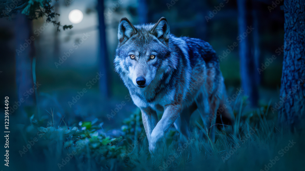 Wolf under the moonlight in a dark forest Wolf under the moonlight in a dark forest
