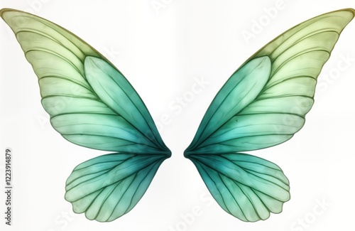 Pair of fantasy fairy wings isolated on white background. Delicate, vibrant green, light teal hues. Wings intricate feather-like textures. Elegant, dreamy. Perfect for fantasy art designs, graphics,
