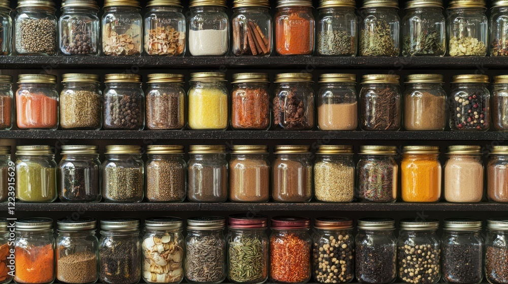 A collection of glass jars filled with spices arranged neatly in a pantry