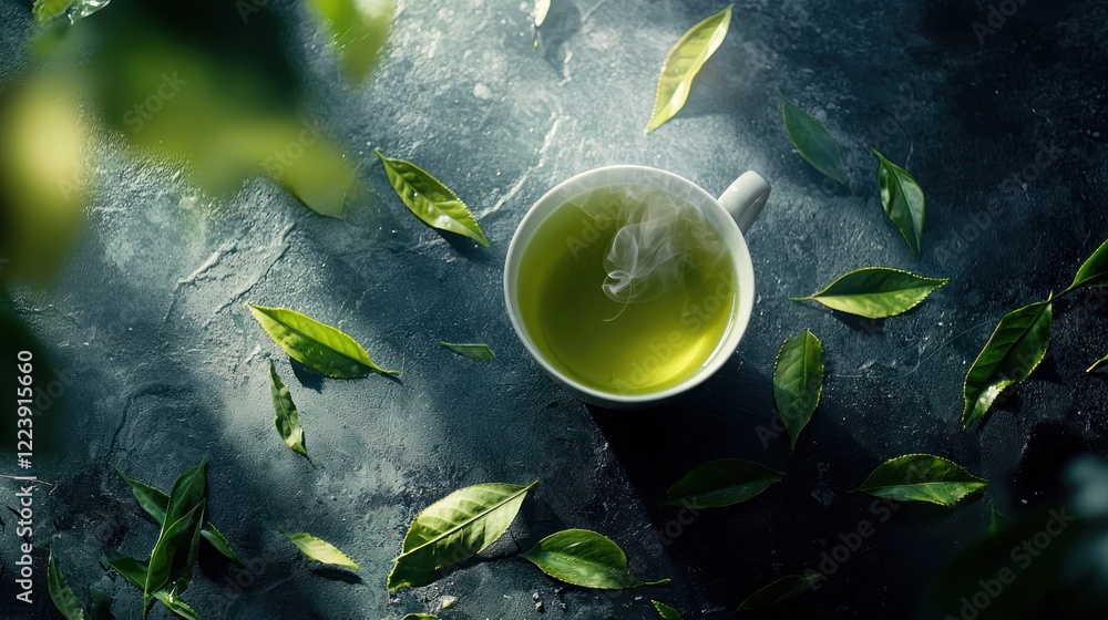 A cup of steaming green tea surrounded by scattered fresh tea leaves. A cup of steaming green tea surrounded by scattered fresh tea leaves.