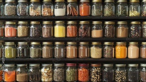 Obraz na płótnie A collection of glass jars filled with spices arranged neatly in a pantry w salonie