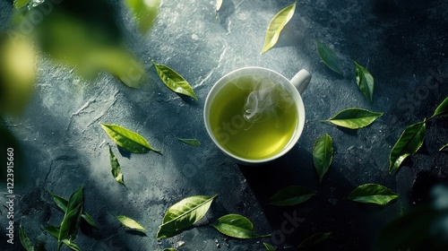 Obraz na płótnie A cup of steaming green tea surrounded by scattered fresh tea leaves. w salonie