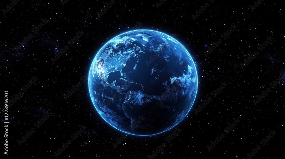 A digital illustration of a globe spinning in space with glowing lights.