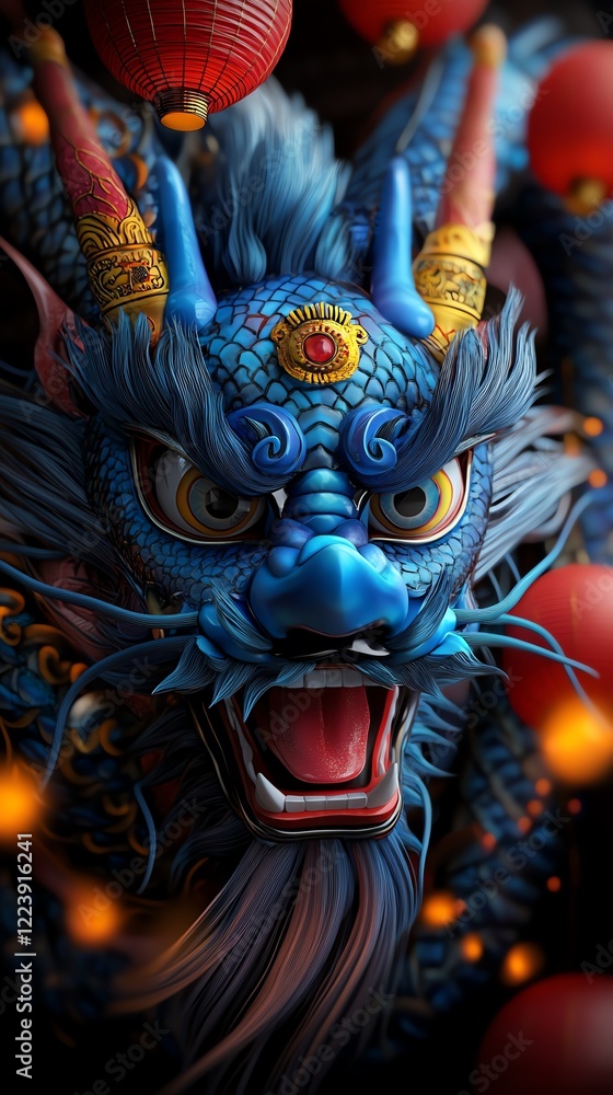 Obraz premium Vibrant dragon mask surrounded by floating lanterns, festive firecracker lighting, 3D illustration