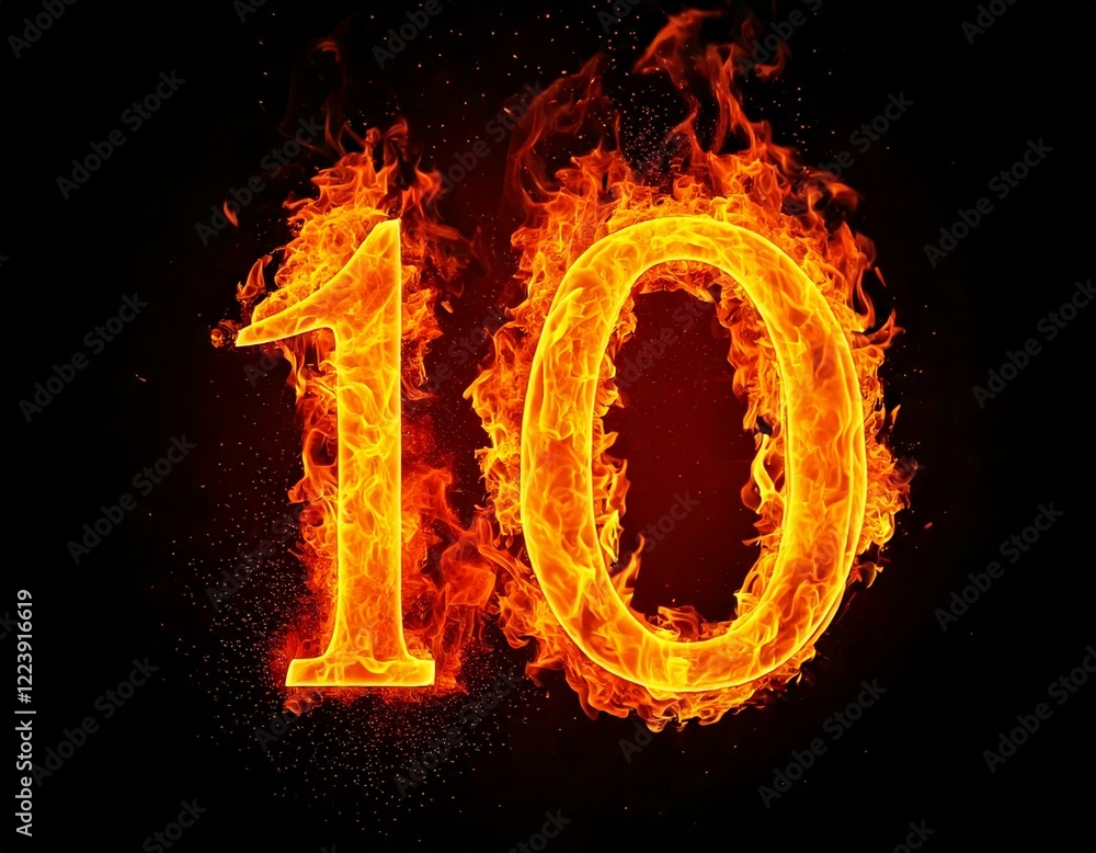 Fototapeta premium Fire number 10 isolated on black background, 3d 