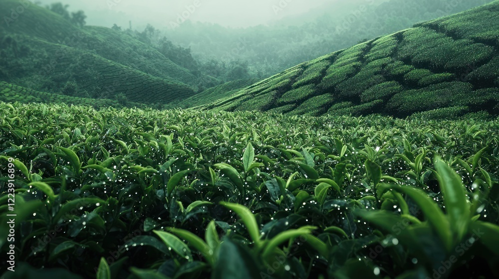 A field of lush green tea plants with leaves glistening in the morning dew
