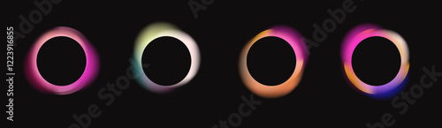 Black round circles with blurred neon gradients, glowing frames with holographic light blur effect. Trendy colorful fluid gradient elements, vivid futuristic blurry circle banner vector set. 