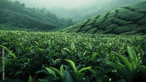 Obraz na płótnie A field of lush green tea plants with leaves glistening in the morning dew w salonie