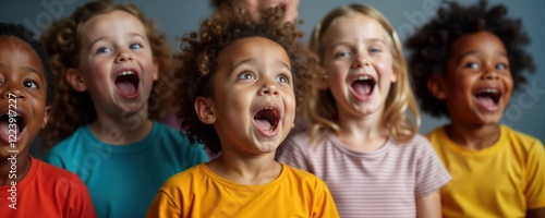 Children enthusiastically sing along to classic songs at home karaoke session. Parents, children share joy, laughter in living room environment. Diverse group of kids belting out songs. Photo