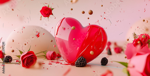 Glass red heart with droplets and fruit decor – a sweet visual fantasy. Perfect for greeting cards, decorations, and luxury campaigns.