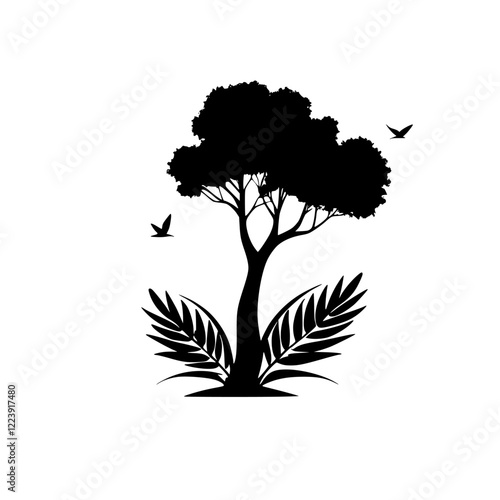 Serene Tree Silhouette: Minimalist Nature Illustration.  A black and white vector graphic of a tree, birds, and leaves, symbolizing nature's peaceful beauty.