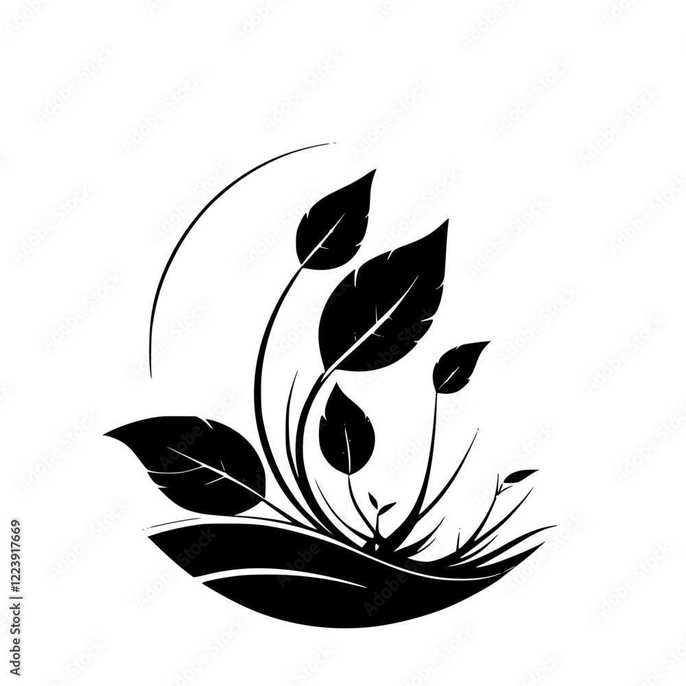 Elegant Black and White Floral Design: Botanical Silhouette Leaves and Plant Vector Illustration Elegant Black and White Floral Design: Botanical Silhouette Leaves and Plant Vector Illustration