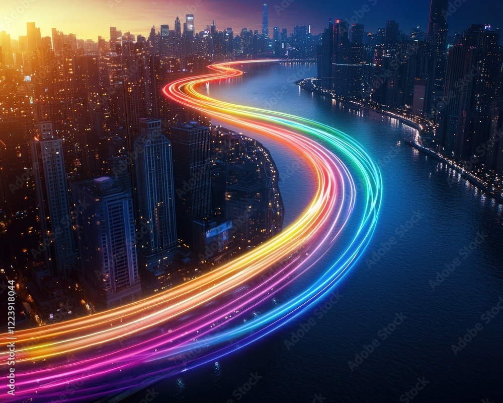 Obraz premium A symbolic rainbow stream connecting different cities in harmony.
