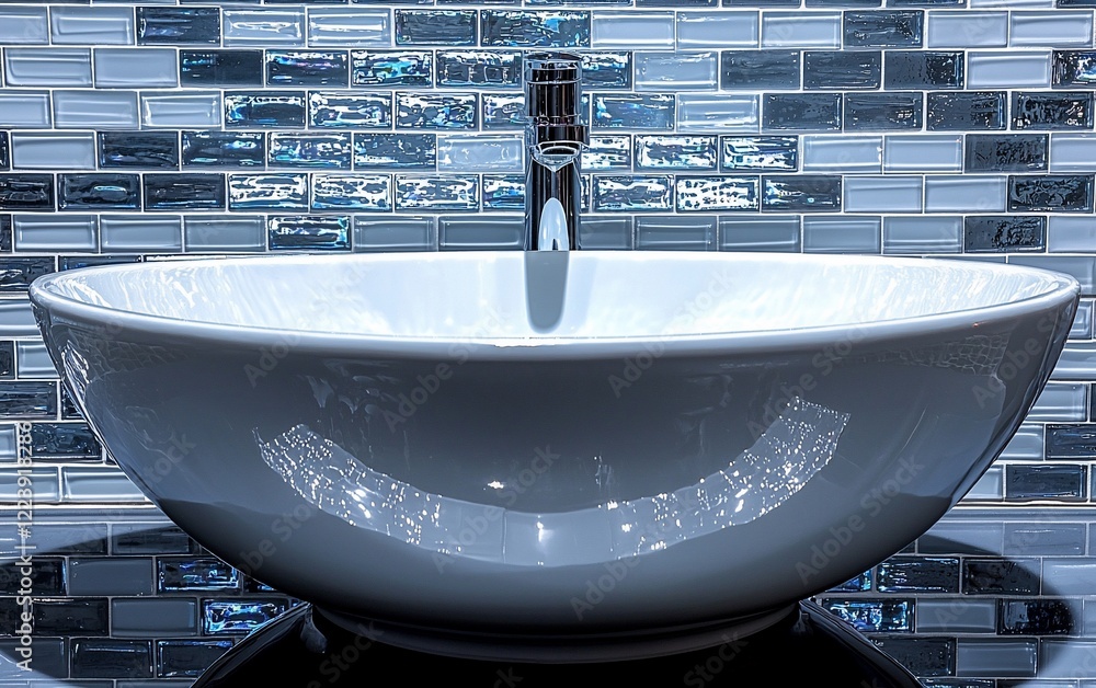 custom made wallpaper toronto digitalModern white vessel sink with chrome faucet against blue glass tile backsplash.