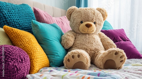 Obraz na płótnie A giant teddy bear resting on a bed surrounded by colorful pillows and blankets. w salonie