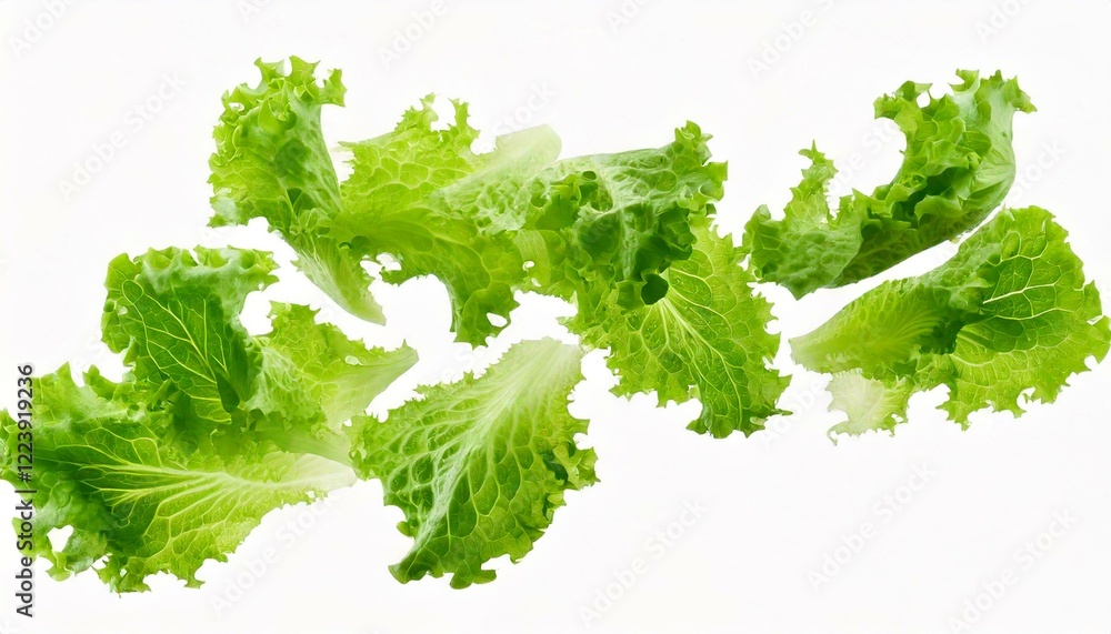 Fresh salad green lettuce leaves falling in the air isolated on white Fresh salad green lettuce leaves falling in the air isolated on white
