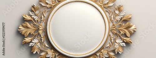 Elegant Gold and White Ornate Round Frame with Intricate Floral Design Perfect for Luxury Branding and Royal Aesthetics photo