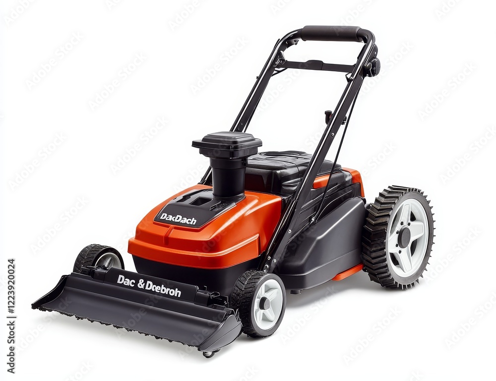 Fototapeta premium Orange and black electric lawn mower with a grass catcher.
