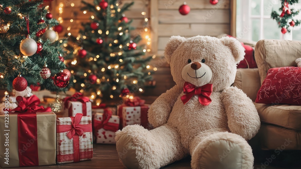 A giant teddy bear placed in a corner of a festive holiday-themed room.