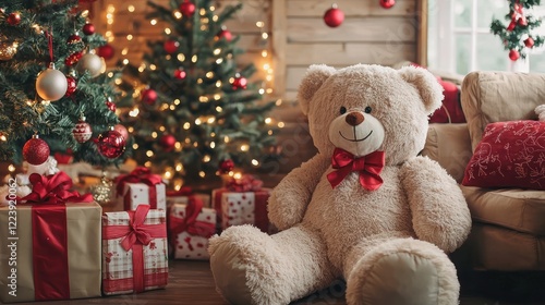 Obraz na płótnie A giant teddy bear placed in a corner of a festive holiday-themed room. w salonie