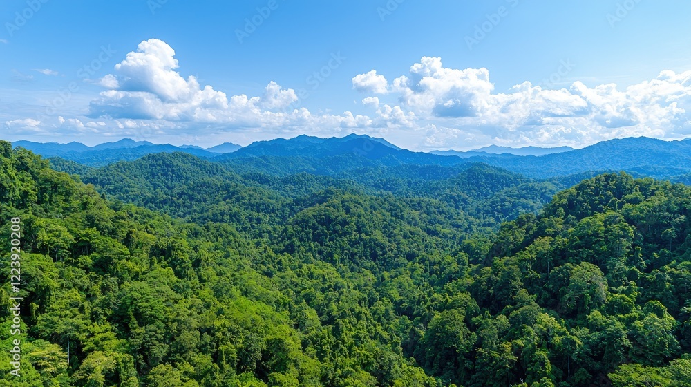 Lush green mountain range under blue sky, aerial view Lush green mountain range under blue sky, aerial view