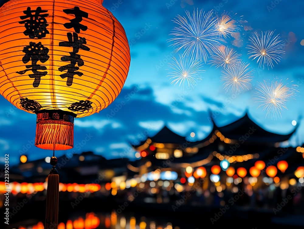 Obraz premium Wide festival scene, temples and traditional houses surrounded by lanterns, with dazzling fireworks illuminating the sky