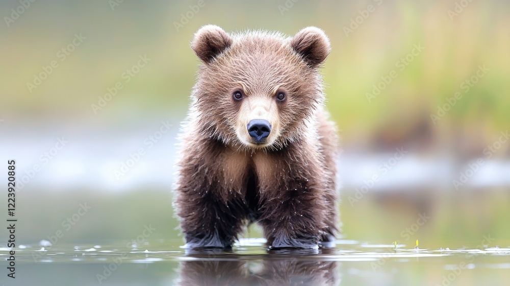 Obraz premium Grizzly bear cub wading in shallow water, Alaskan wilderness, wildlife conservation