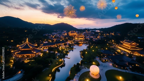 Wideangle view of a lanternlit celebration, with grand temples and lush greenery glowing under vibrant fireworks photo