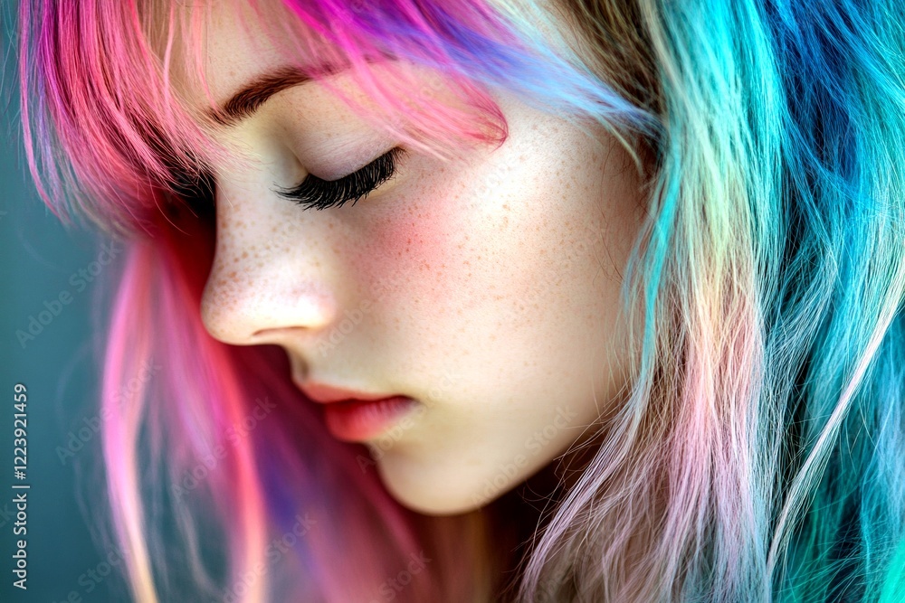 Long haircut - multicolored hair. Stunning calm mixed-race girl - for ads, flyer and internet marketing use. Commercial marketing visual idea. Black woman artistic. Vibrant hair portraits. Long haircut - multicolored hair. Stunning calm mixed-race girl - for ads, flyer and internet marketing use. Commercial marketing visual idea. Black woman artistic. Vibrant hair portraits.