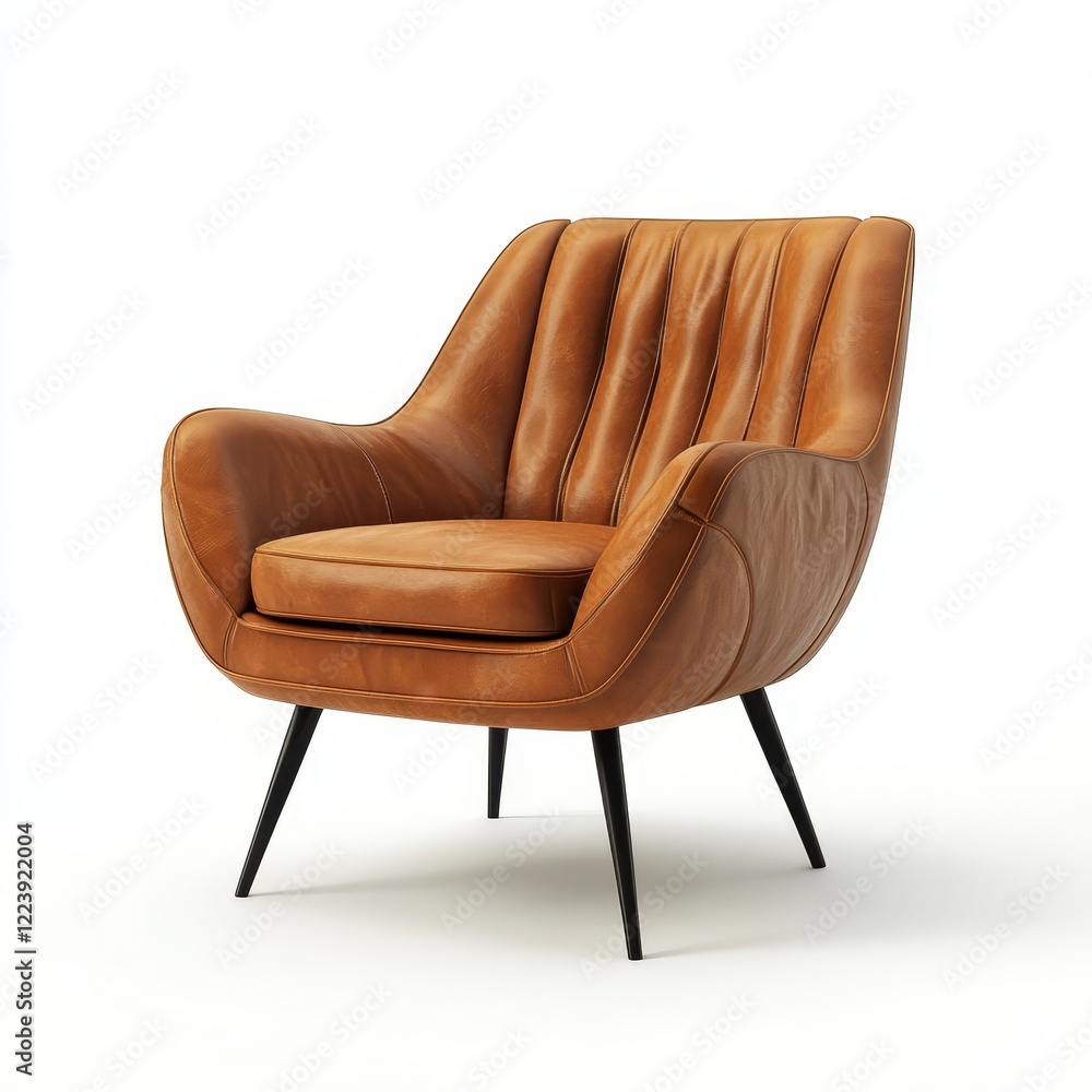 Brown leather armchair with channel tufting and tapered legs. Brown leather armchair with channel tufting and tapered legs.