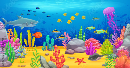 Cartoon underwater sea landscape game background. Vector vibrant game level scene featuring a variety of colorful fish, corals and marine life like shark, jellyfish, tuna and seaweeds ocean ecosystems