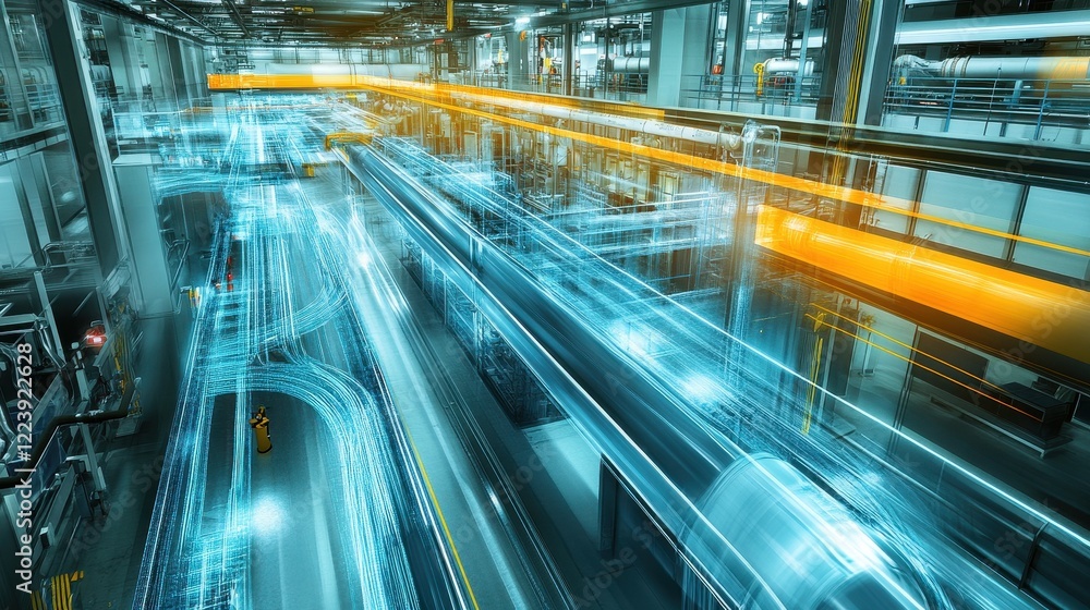 Futuristic factory with digital overlay, showcasing advanced technology. Illustrates Industry 4.0 concepts, smart manufacturing, and data flow.