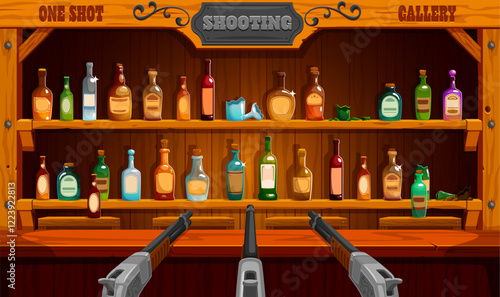 Western carnival shoot game or shooting range for amusement park, vector background. Wild West saloon or Western bar bottles on shelf for cartoon funfair carnival shooting gallery game or shoot range