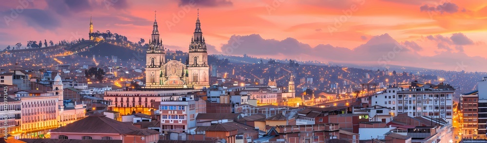 Fototapeta premium panoramic view of the cityscape at dusk with hues