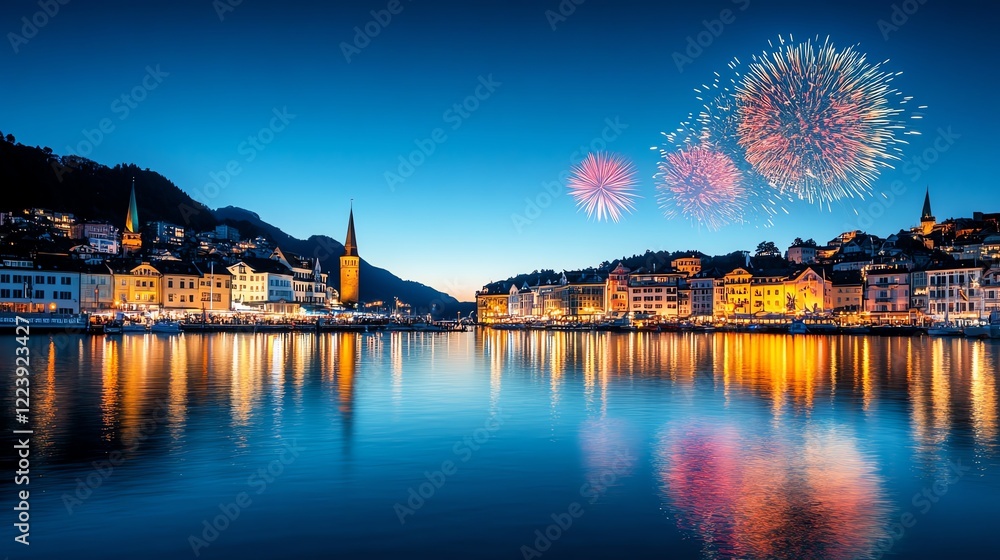 Fototapeta premium Dynamic multicolored fireworks illuminating a classic skyline, their reflections blending with softly glowing water below