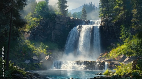 Majestic Waterfall in Lush Green Forest