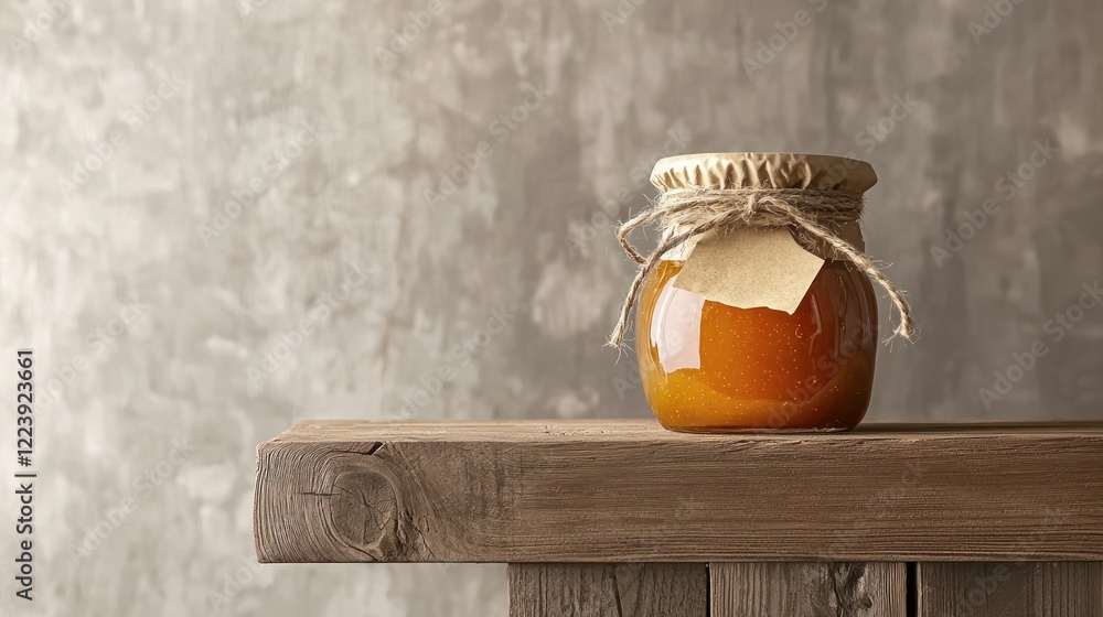A glass jar with a label containing homemade jam, placed on a shelf.