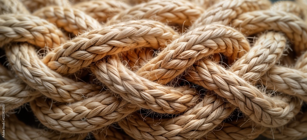 Closeup view of natural jute rope texture. Detailed view shows intricate braided rope design. Natural fiber material. Perfect for background pattern design. Good for creating trendy natural decor. Closeup view of natural jute rope texture. Detailed view shows intricate braided rope design. Natural fiber material. Perfect for background pattern design. Good for creating trendy natural decor.