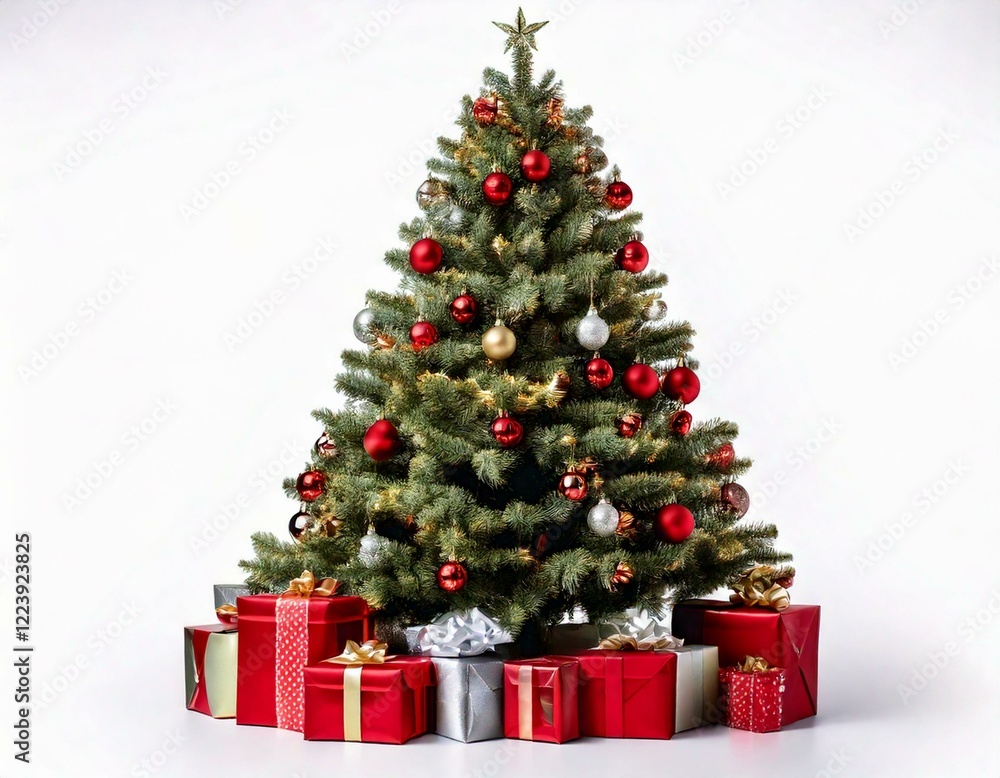 Gorgeous natural Christmas tree with red and silver gray ornaments Gorgeous natural Christmas tree with red and silver gray ornaments