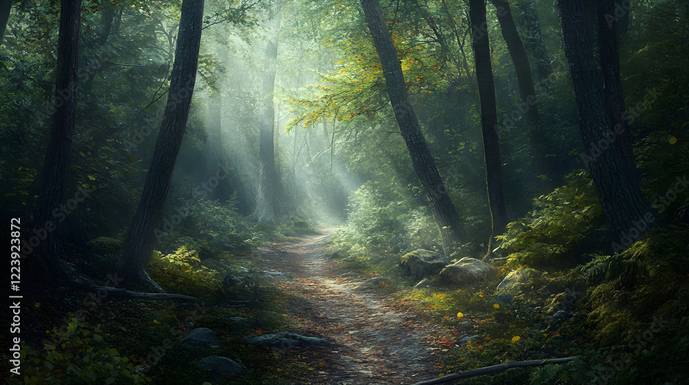 Obraz premium Perseverance Through Nature's Obstacles: Overcoming Challenges on a Winding Forest Path