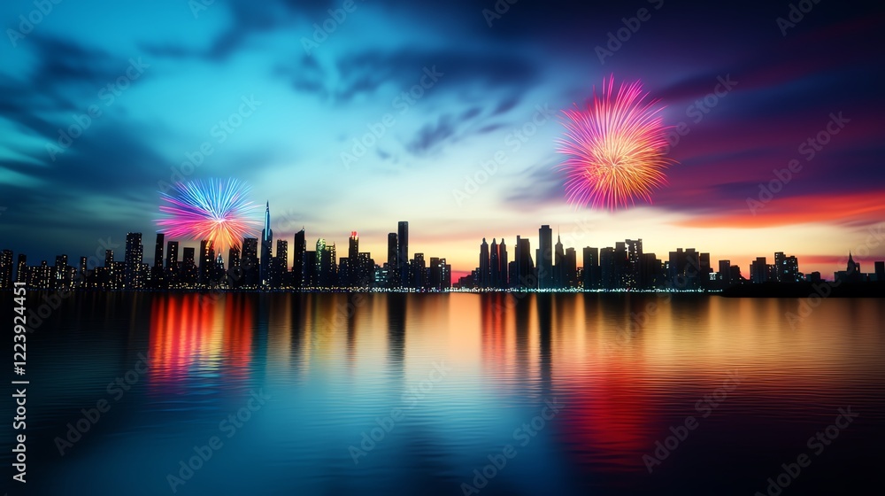 Fototapeta premium Futuristic city skyline alive with fireworks, neonlit buildings reflecting bursts of red, blue, and gold in the sky