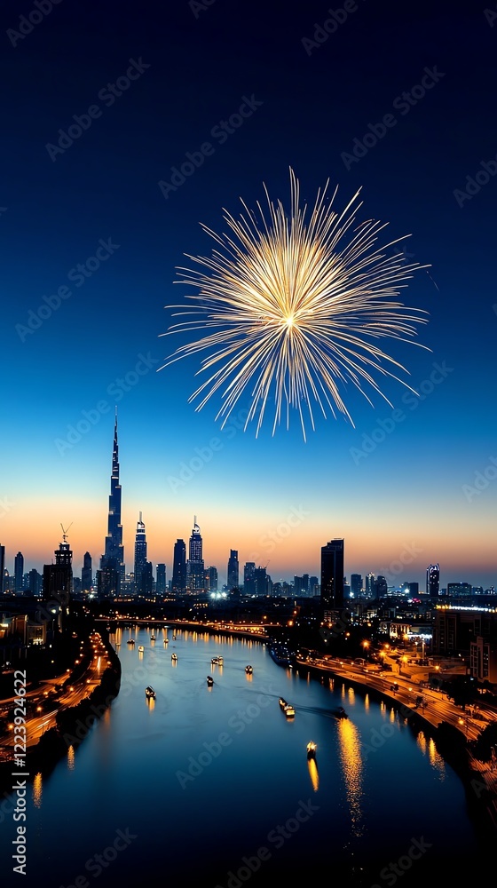 Fototapeta premium Golden fireworks illuminating a classic skyline, soft reflections glowing on riverbanks below, blending elegance with vibrancy