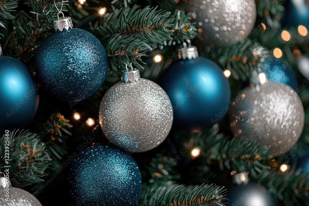 Close Up of Sparkling Blue and Silver Holiday Ornaments on a Decorated Tree Close Up of Sparkling Blue and Silver Holiday Ornaments on a Decorated Tree