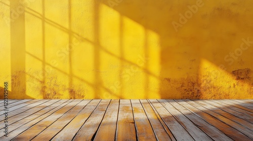 Rustic wooden floor against a vibrant yellow wall, sunlit. Ideal for product displays, showcasing textures, or creating a warm, inviting mood.