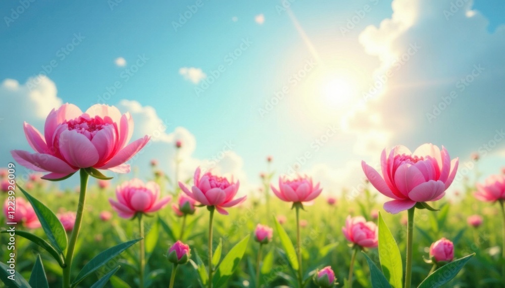 Soft pink peonies bloom in a lush meadow under a radiant sunny sky with gentle clouds, peonies, blooms Soft pink peonies bloom in a lush meadow under a radiant sunny sky with gentle clouds, peonies, blooms