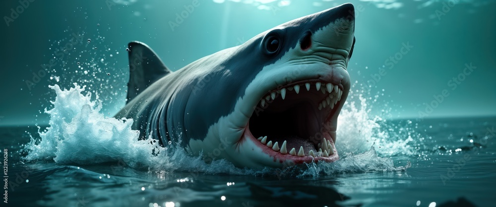Obraz premium Huge great white shark emerges from ocean water. Predator ready to attack. Ocean depths show dangerous marine life. Powerful creature hunting in deep blue water. Shark jaws open wide showing fearsome